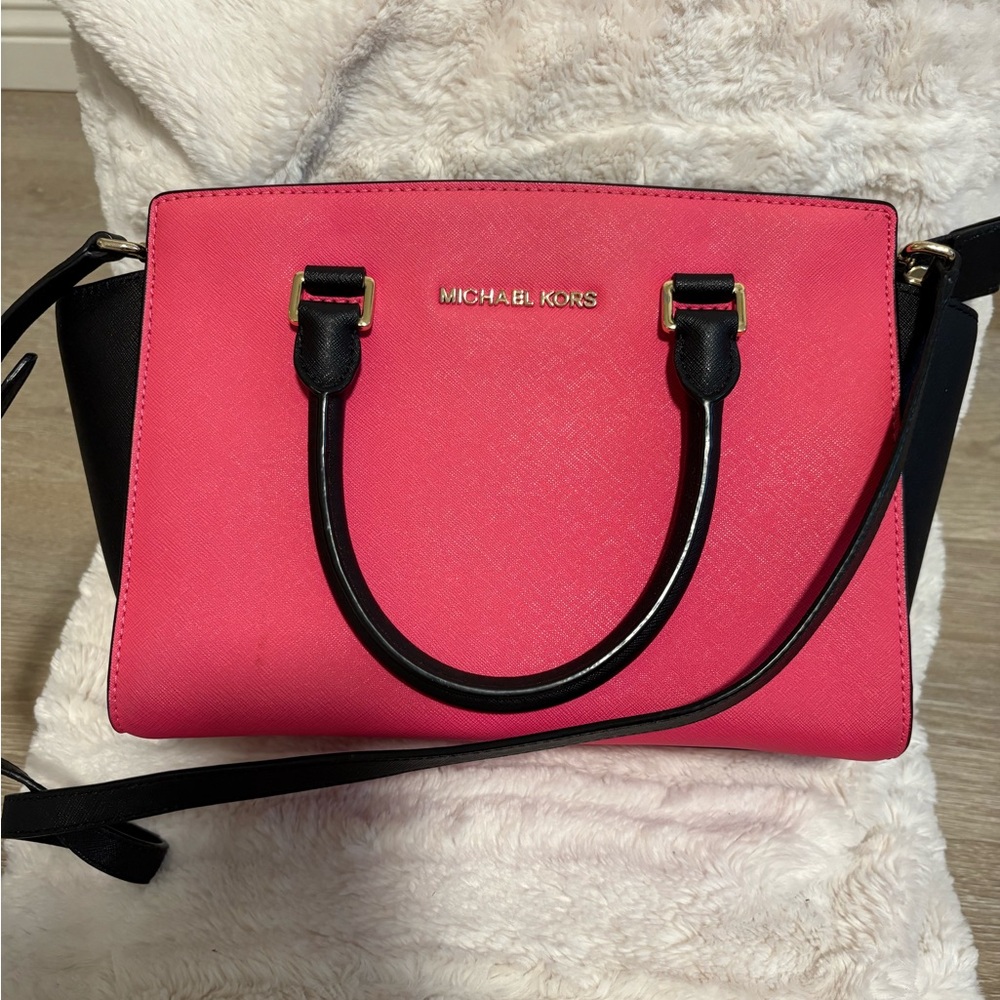 Michael Kors Pink and Black Satchel with Structured Design